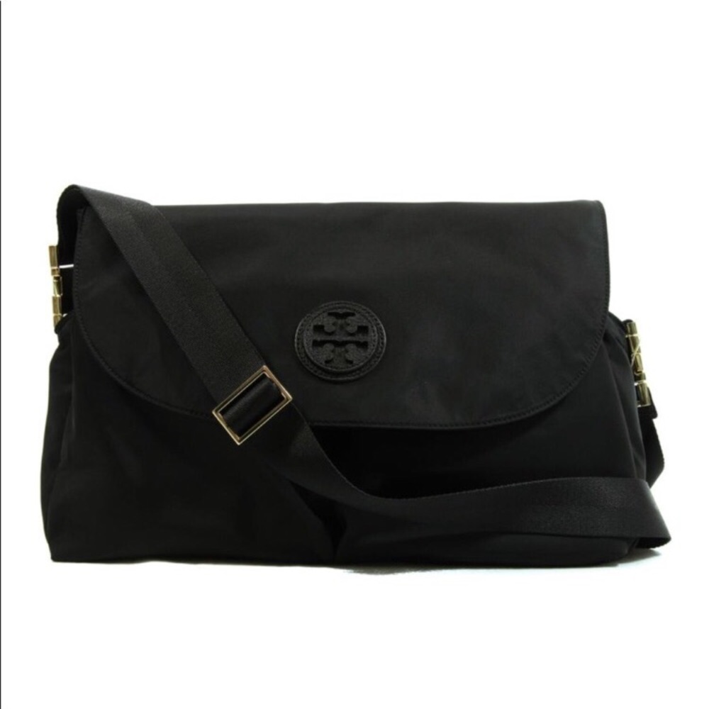 Tory Burch black nylon messenger diaper bag